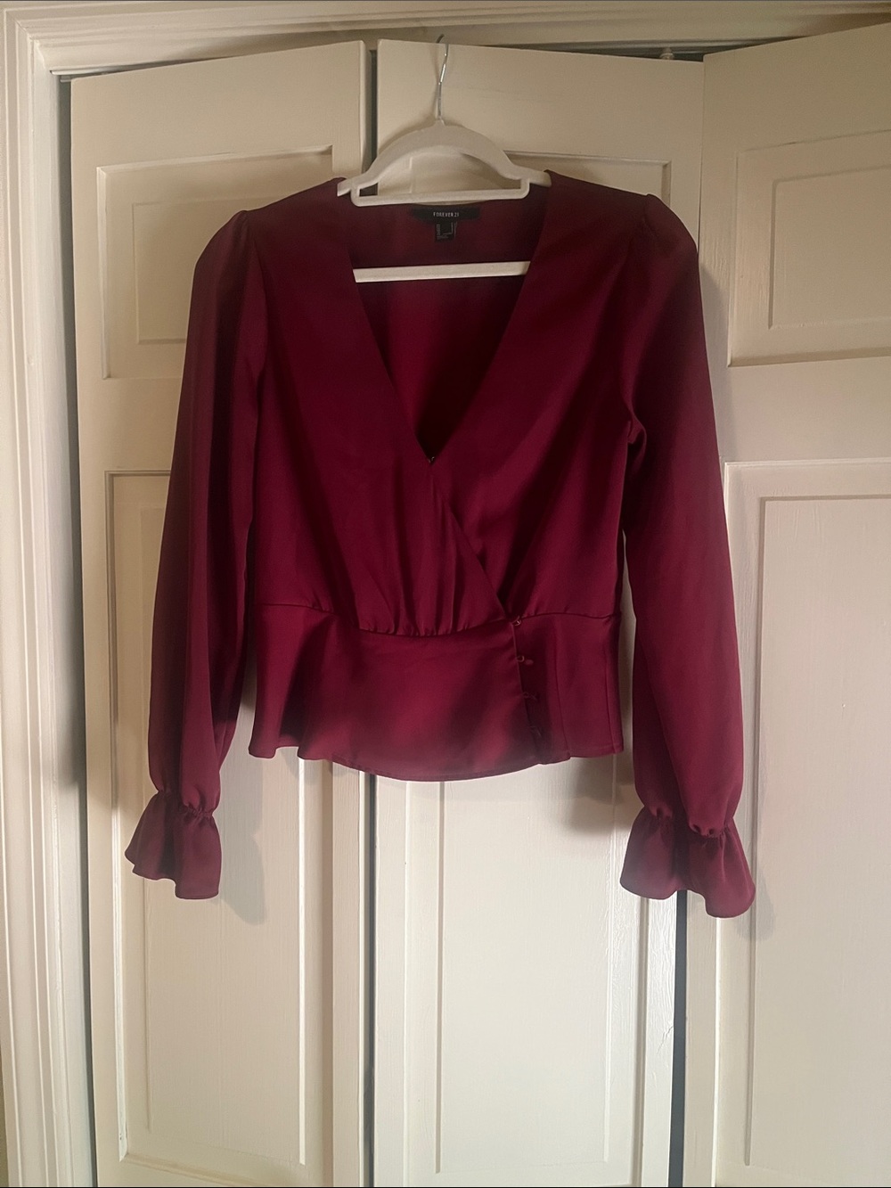 Forever 21 Burgundy Wrap-Style Blouse with Ruffle Cuffs